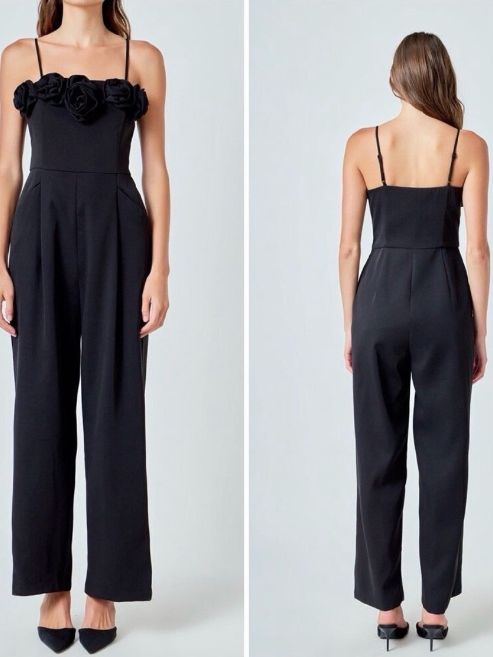 Endless Rose Black Rose-Embellished Spaghetti Strap Jumpsuit